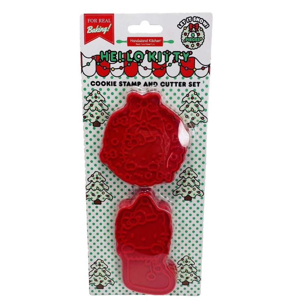 Hello Kitty Christmas Cookie Cutter & Stamp Set Stocking And Holiday Wreath 4 Pc